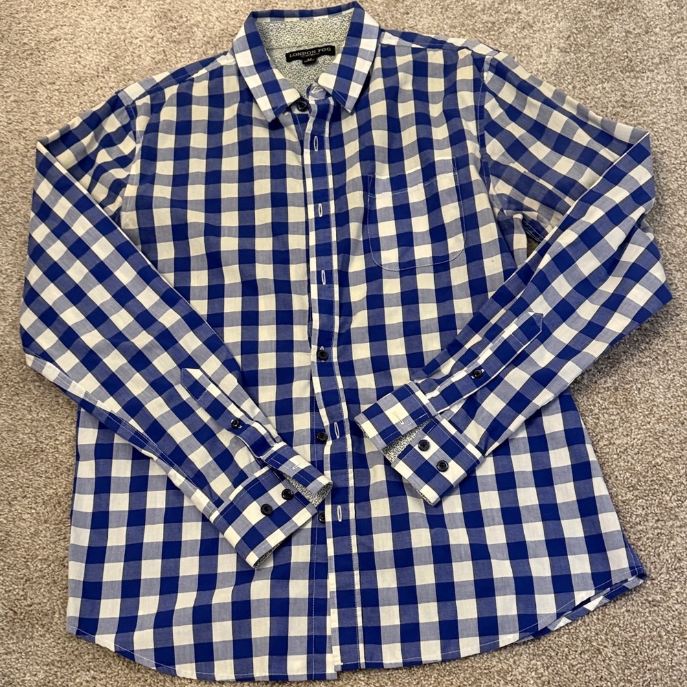 London Fog Men’s Blue and White Check Button-Down Shirt Medium